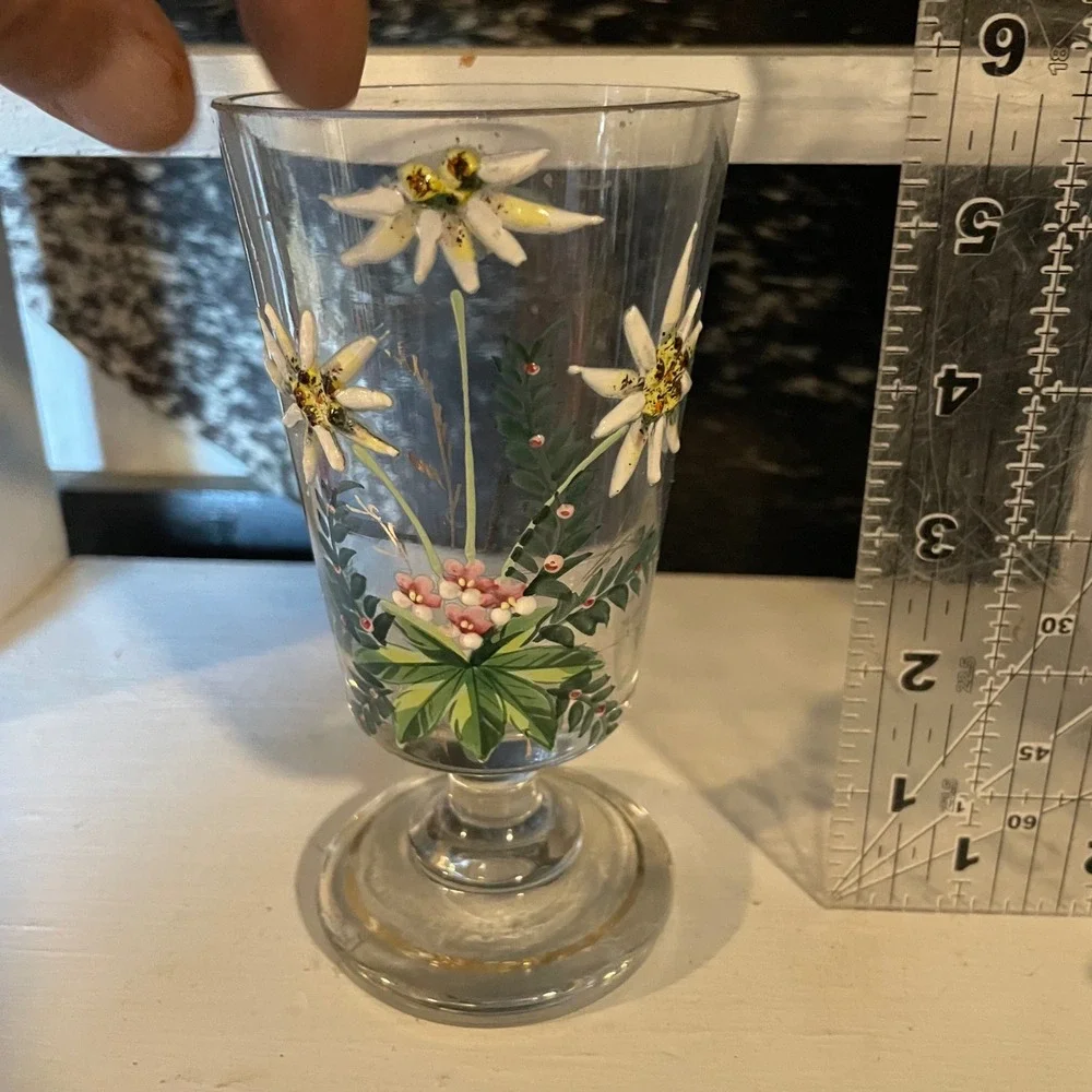 Vintage Floral‎ Edelweiss Clear Glass Footed Vase Bud Vase Hand Painted Decor